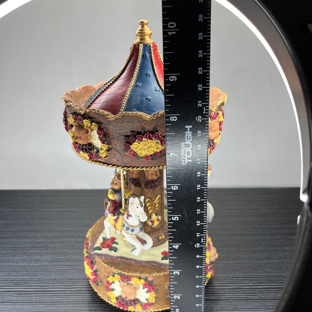 Musical Carousel Teddy Bear Horse Figurine Red Blue Floral Nursery Decor 10in - Picture 4 of 14